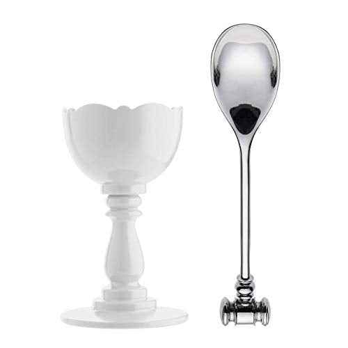 Alessi Dressed Egg Cup in Thermoplastic Resin and Spoon with Soft Boiled Egg Opener in 18/10 Stainless Steel Mirror Polished, White