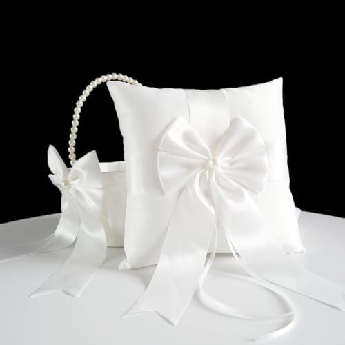 Wedding Flower Girl Basket & Ring Bearer Pillow Set Handcrafted Pearl Decor