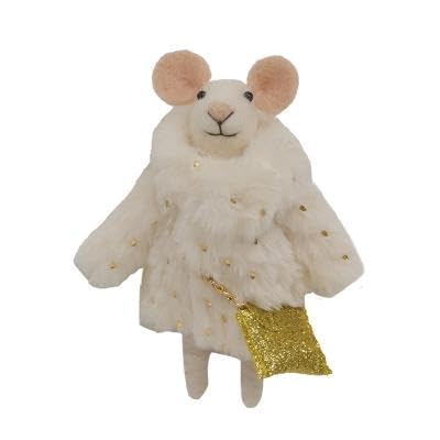 Christmas Felted Mouse Ornament in White Fur Coat with Gold Purse