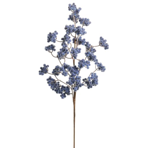 27-Inch Blue Cluster Berry Spray with Frosted Finish and Brown Stem