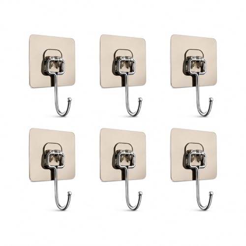 6 Pack Adhesive Square Hooks for Tile Stainless Steel No Drill Waterproof Wall Hangers