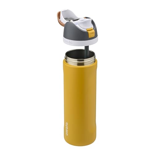 Owala FreeSip Insulated Stainless Steel Water Bottle with Straw for Sports and Travel, BPA-Free Sports Water Bottle, 24 oz, Grey/Yellow, Golden Conquest