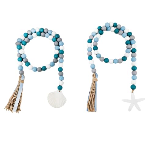Wood Bead Shell Garland Set of 2 Coastal Tiered Tray Decor