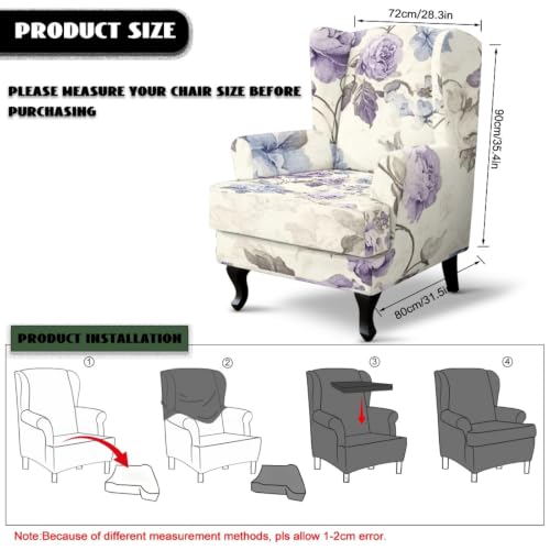 Retro Purple Floral Wingback Chair Cover 2-Piece Slipcover with Elastic Bottom