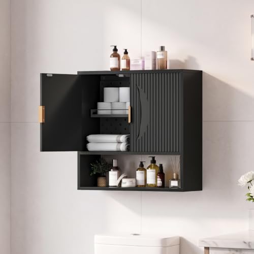 Kalrin Wall Bathroom Cabinet with Adjustable Baskets & Hooks - Black