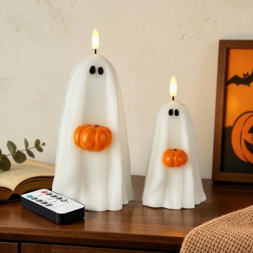 Halloween Ghost Flameless Candles with Pumpkin, Remote Control, Real Wax, Battery Operated Decor