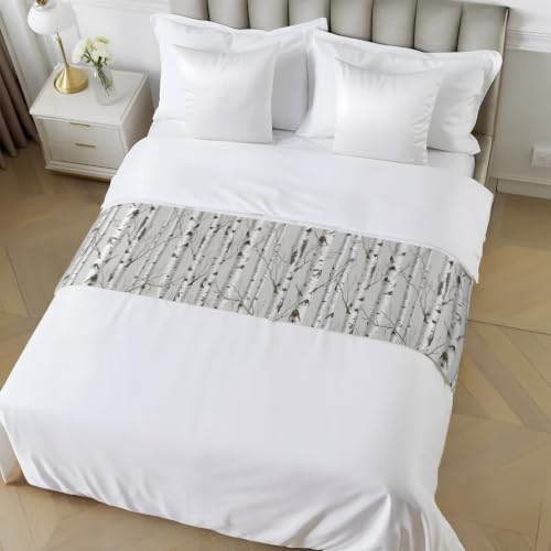 Nature Birch Trees Bed Runner for Queen Bed - White, Gray, Black, 83"x20" Variation