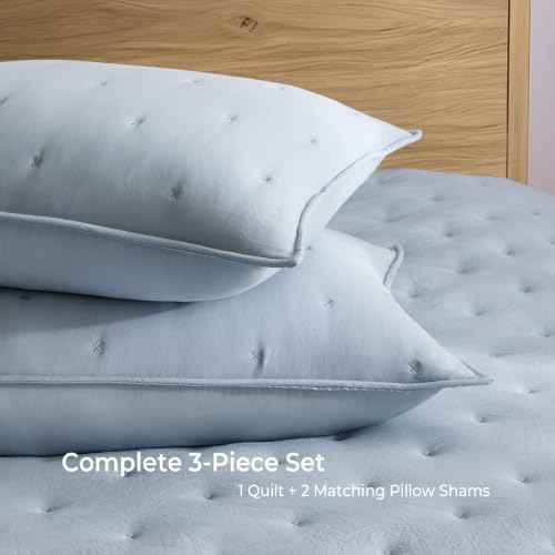 Blue King Quilt Set - Lightweight Soft Bedspread with Pillow Shams - Blue Stitch