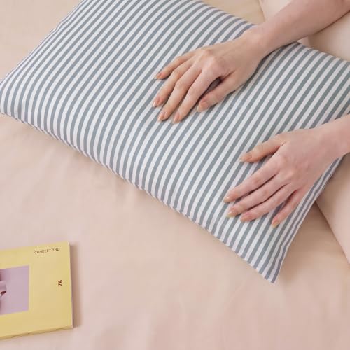 Sage Gray Pillowcases Queen Size Set of 2 - Cotton Sateen with White Stripes, 300TC