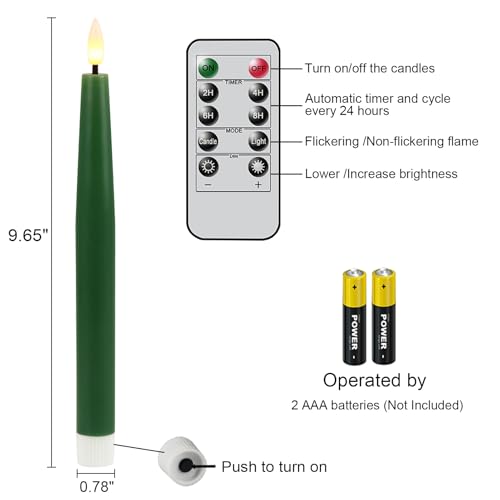 Flameless LED Taper Candles with Remote Timer - Real Wax Look, 9.84 Inches, Christmas Green, Set of 2