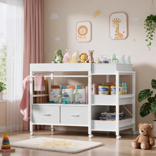Baby Changing Table with Storage and Locking Wheels - White Nursery Organizer