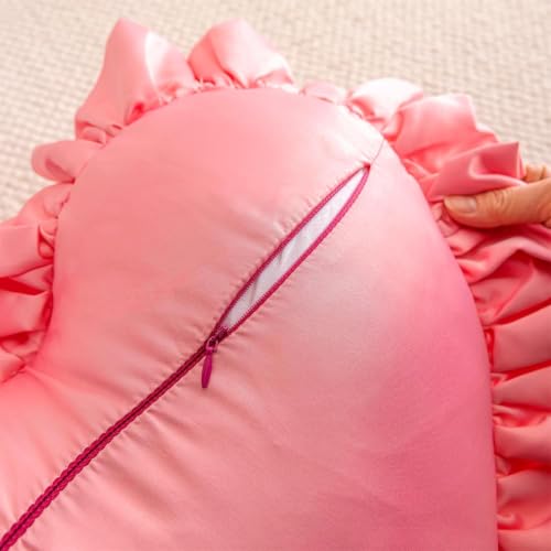 Light Pink Heart-Shaped Throw Pillow with Bow & Ruffle - Romantic Home Decor