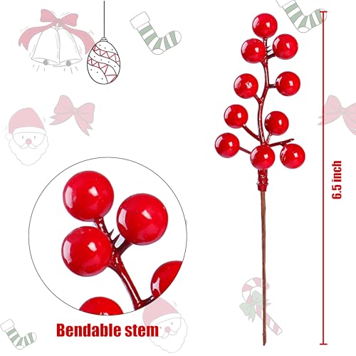 Artificial Red Berry Stems 6.5 Inch Holiday Christmas Decorations - 30 Pack