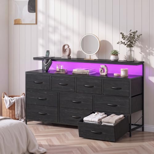 DurayLoly 55" Dresser with LED Ambient Light, 10-Drawer w/ Charging Station - Black
