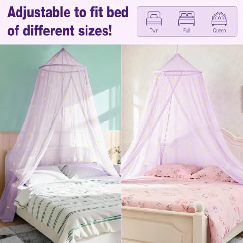 Glow-in-the-Dark Star Bed Canopy for Girls, Pale Purple Princess Decor