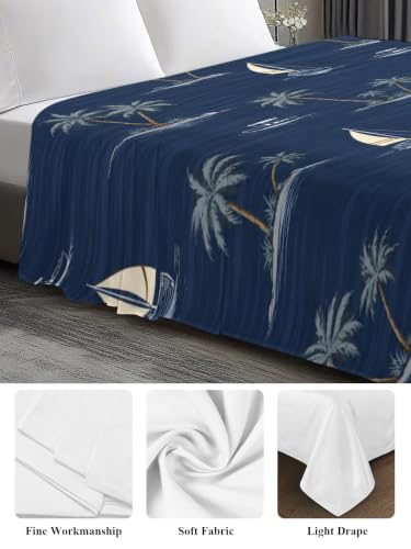 California King Flat Sheet Navy Blue Microfiber Bed Sheets Summer Sea Sailboat & Palm Tree Design - Deep Navy / Slate Blue