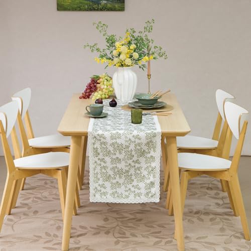 Vintage Floral Table Runner with Lace Trim - Olive Green, 14x90 Inch