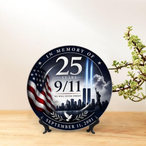 9/11 Never Forget Ceramic Plate 25th Anniversary Wall Decor 10in White