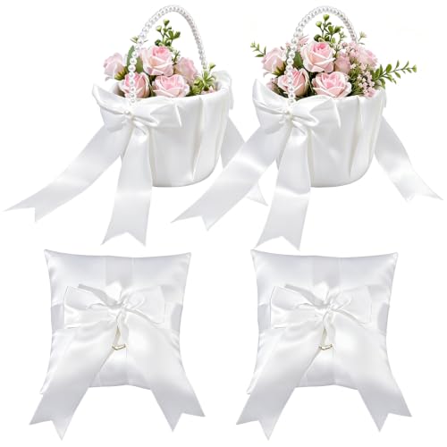 Wedding Flower Girl Baskets & Ring Bearer Pillows Set - Satin & Pearl Handle