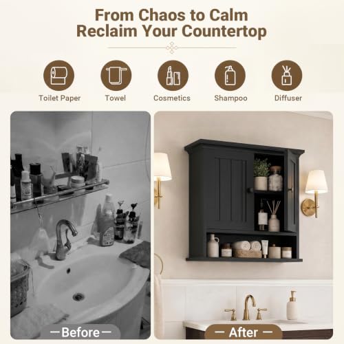 Besiost Farmhouse Bathroom Wall Medicine Cabinet with Removable Towel Bar - Black