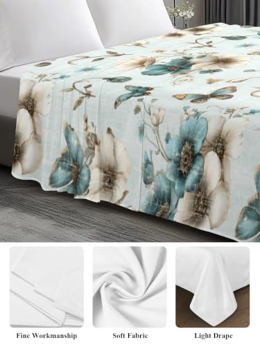 Twin Flat Sheet - Pale Blue-Green Floral Microfiber Bed Sheet for Twin Bed