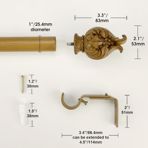 Faux Wood Curtain Rod 72-144 Inches Telescoping Heavy Duty with Finials