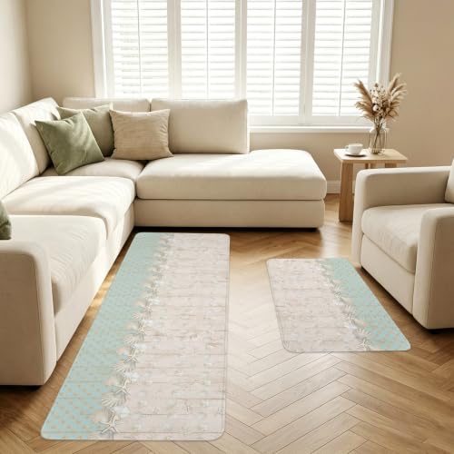 Beach Kitchen Rugs Set of 2 - Mint, Seafoam, Sand, Cream, 40x60 + 40x120 Inches