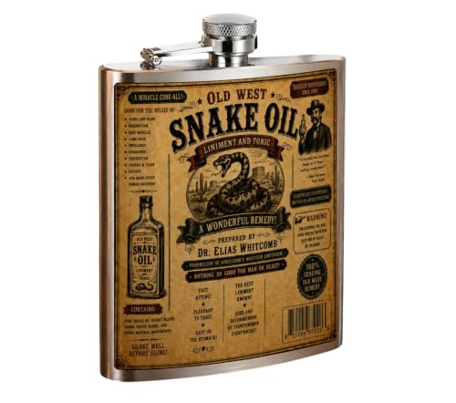 Old West Snake Oil Flask 6 oz Stainless Steel Hip Bottle Vintage Western Design