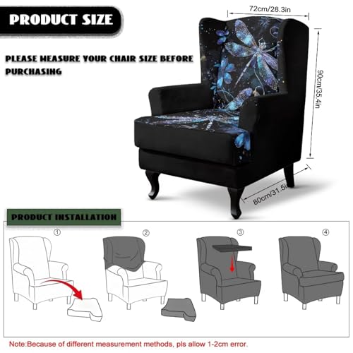 Dragonfly Floral Wingback Chair Cover, 2-Piece Stretch Slipcover for Sofa