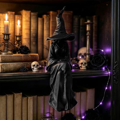 Gothic Witch Reading Decor Statue for Shelf and Mantel, Halloween Home Accent