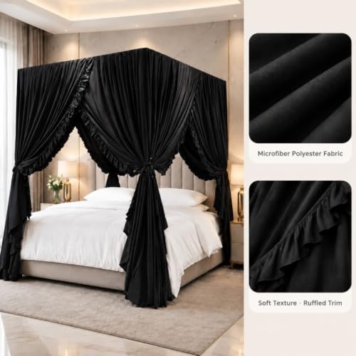 King Size Black Canopy Bed Curtains - Lightproof Privacy Bedroom Decor with 4 Openings - Pack of 4