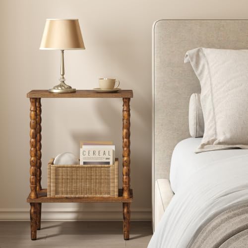 Brown Narrow 2-Tier Side Table with Solid Wood Legs - Small End Table