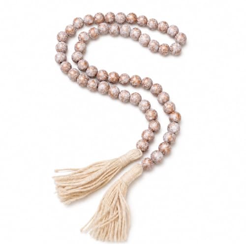 Distressed Wood Bead Garland with Tassels - Rustic Farmhouse Decor 40in