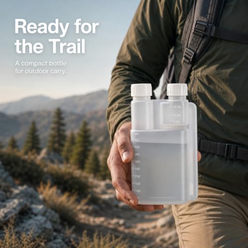 2-Pack 16oz Plastic Flask with Built-In Shot Glass and Graduated Dispenser for Liquor, Oil, Camping & Travel