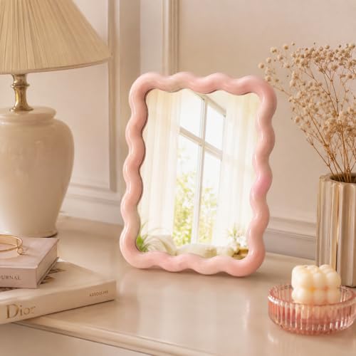 Pink Wavy Folding Desk Mirror - 6.7x5.3 Inch Cute Vanity & Makeup Mirror