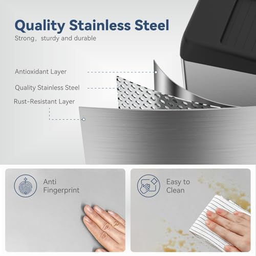 ELLO&ALLO 13 Gallon Touchless Motion Sensor Trash Can - Brushed Stainless Steel, Large, Rolling Lid