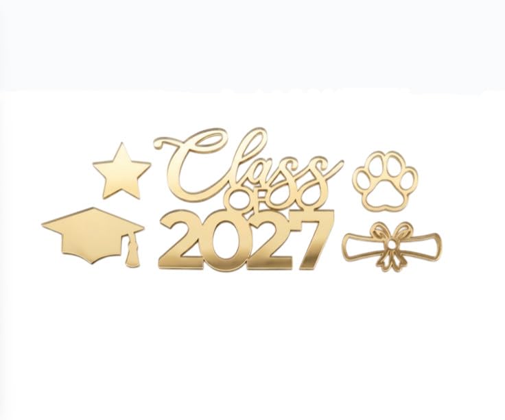 Mirror Gold Graduation Cap & Diploma Acrylic Cutouts Set - Class of 2027, 10 pcs Variation of Mirror Gold / 10PCS