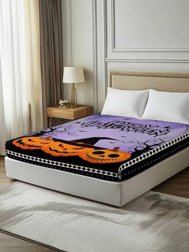 Halloween Twin Flat Sheet - Purple Bats & Pumpkin Design, Luxury Hotel Quality Bedding