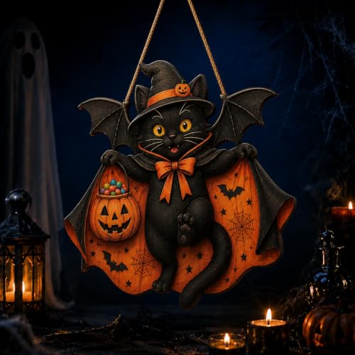 Halloween Black Cat Door Sign with Bat Pumpkin Wreath Wood Decor