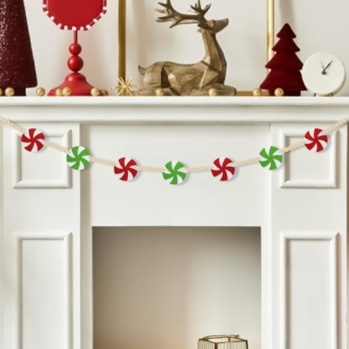 6Ft Candy Christmas Garland - Felt Red & Green Holiday Decor with Peppermint & Wooden Beads - Indoor Mantel & Tree Decoration - Variation: Red Green