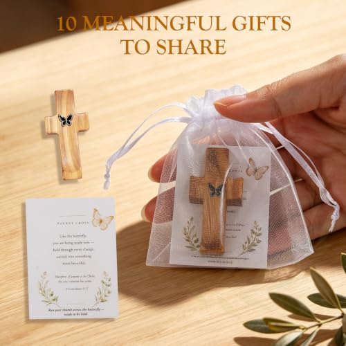 10-Pack Wooden Prayer Crosses with Metal Butterfly - Natural & Black Walnut