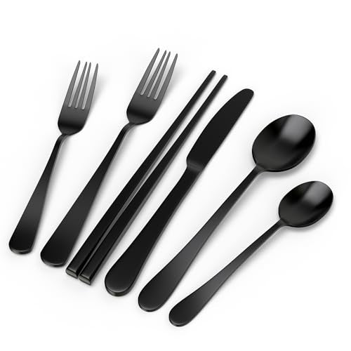 28-Piece Stainless Steel Flatware Set for 4 with Matte Finish - Black and Silverware