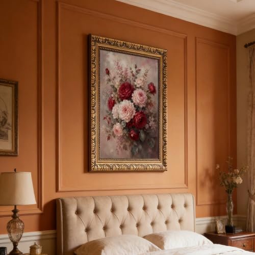 Vintage Gold Frame Canvas Wall Art - Red & Blush Rose Bouquet, 16"x24"