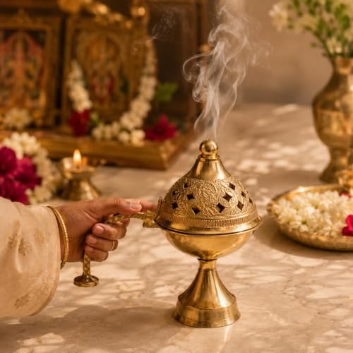 Brass Dhoop Dani Incense Holder with Handle for Puja 4.5 x 4 - Traditional Temple Decor