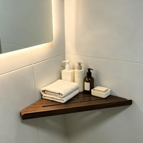 Shower Corner Shelf Set of 2 Walnut Wood Grain Triangle Stainless Steel