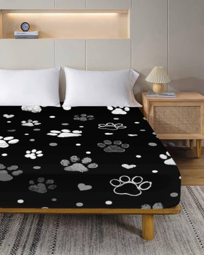 Queen Size Flat Sheet Only - Black, Charcoal, Dark Gray, White Dog Paw Prints Microfiber Bed Sheet
