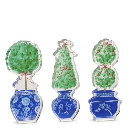 Set of 3 7-Inch Holiday Topiary Acrylic Decor - Festive Christmas Accents
