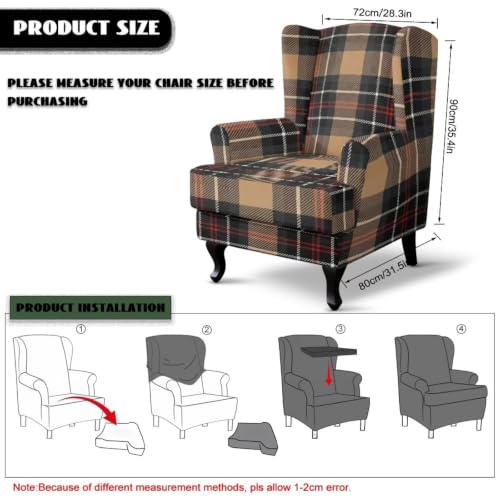Brown Tartan Wingback Chair Cover 2 Pieces - Snug Fit, Protective & Easy to Install