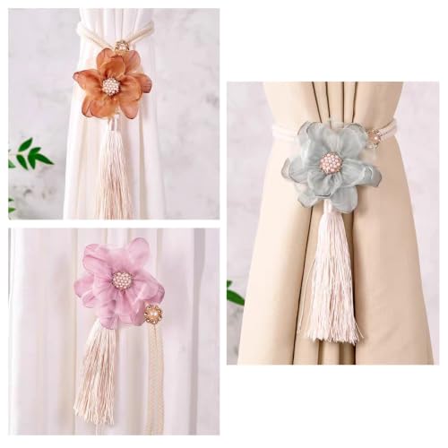 Sandy Brown Amber Flower Curtain Tiebacks with Tassel and Pearl Bead - 2 Pcs