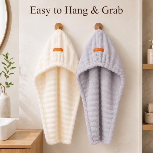Microfiber Hair Drying Towel 2Pack Large Size with Elastic Band - Beige & Gray